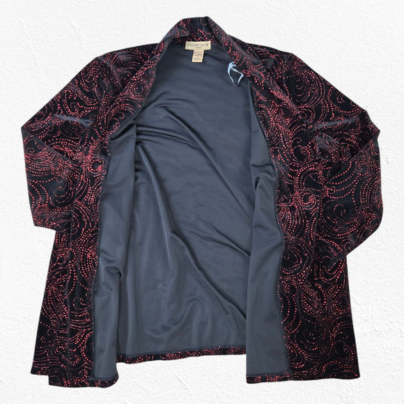 Y2K Notations Black Red Glitter Swirl Velvet Open Front Blazer Jacket Size 1X - Picture 6 of 7
